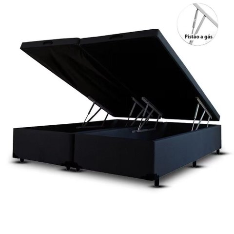Cama Báu Box Base Queen Bipartido Sintético Preto com Pistão a Gás.