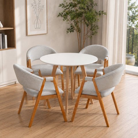Conjunto Leda Mesa Redonda 90cm MDF + 4 Cadeiras Estofadas em Linho Cinza-Claro