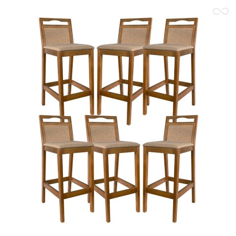 Kit 6 Banquetas Alta para Balcão em Madeira Estofada Valência Rattan Amêndoa Linho Bege Ccs