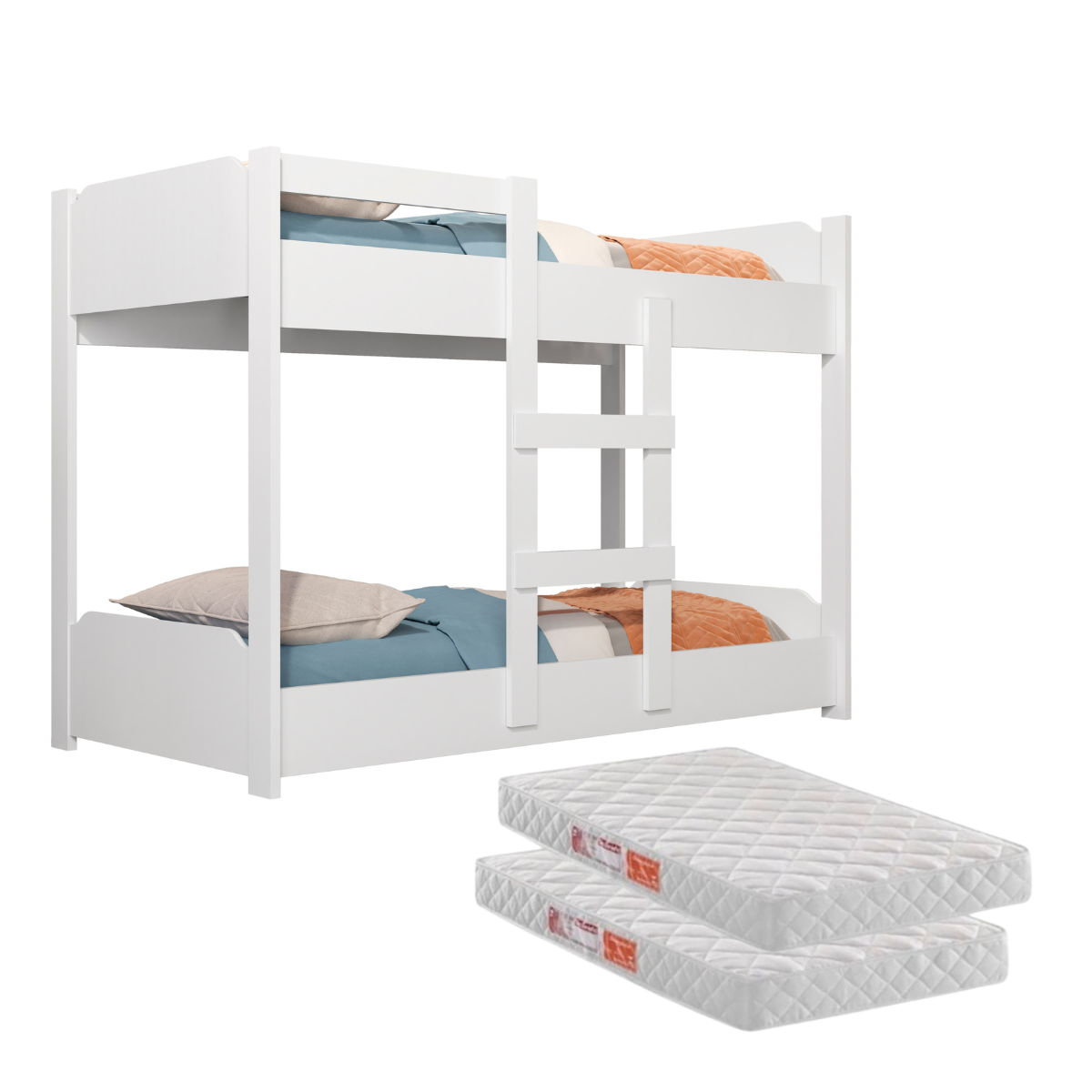 Beliche Infantil com Escadas e Grade + 2 Colchões Segura:‎ Branco