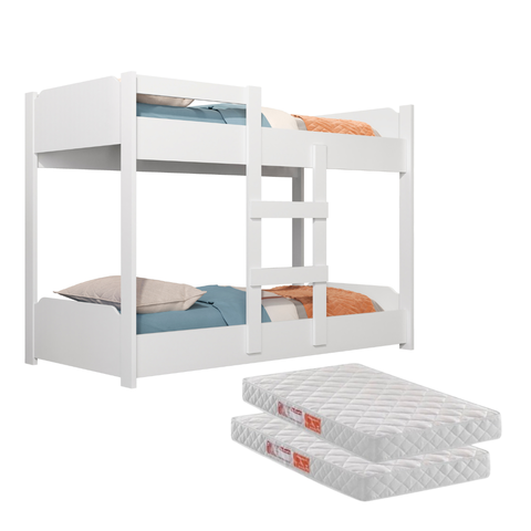 Beliche Infantil com Escadas e Grade + 2 Colchões Segura: Branco