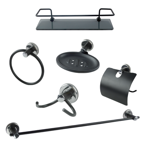 Kit Acessório para Banheiro Aço Inox 6 Peças com Porta Shampoo Vidro Retangular Preto Fosco Cód. 181