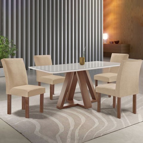 Mesa de Jantar 4 Lugares Kyra/Canela com Vidro Chocolate/Off White/Suede Cru - Cel Móveis