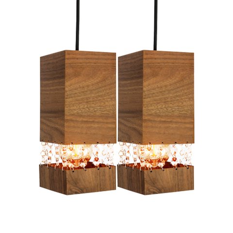 Kit 2 Pendente Luna em Madeira e Cristais Amêndola Clara – Bivolt, Soquete E27