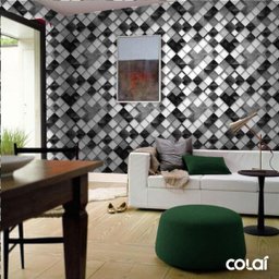 Papel De Parede Adesivo Lavável Quadrados Pretos 3D 6M - 3