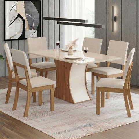 Conjunto Sala Jantar Mesa 160 cm Tampo MDF Vidro 6 Cadeir Supreme Trend Casa 812