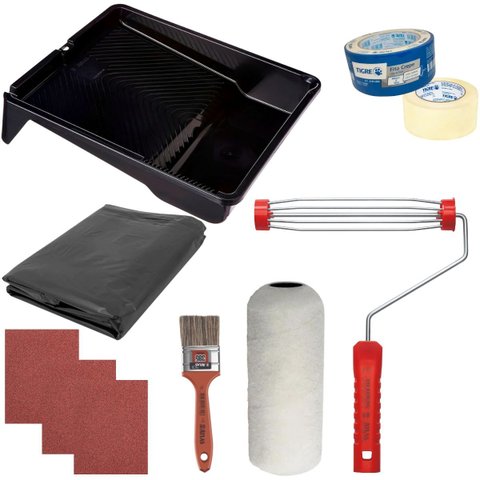 Rolo 23cm + Suporte 23cm + Bandeja 2,7l + 3 Lixas 120 +fita Crepe 48mmx50m + 3 Lixas 100 + Trincha 5
