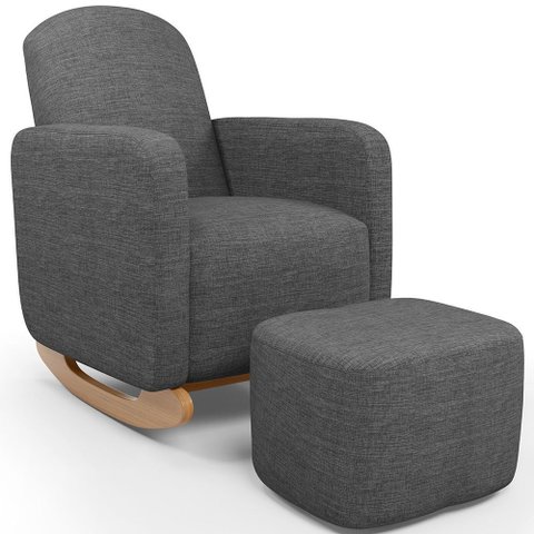 Poltrona de Amamentação com Balanço e Puff Orgânico Saori W01 Linho Cinza Escuro - Lyam Decor
