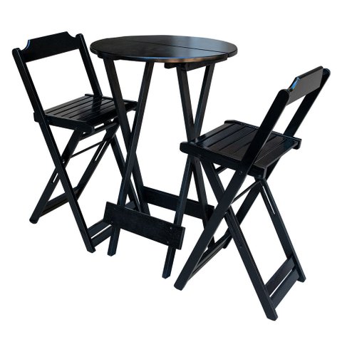Jogo de Mesa Bistrô de Madeira com 2 Cadeiras Dobravel Ideal para Bar e Restaurante Preto