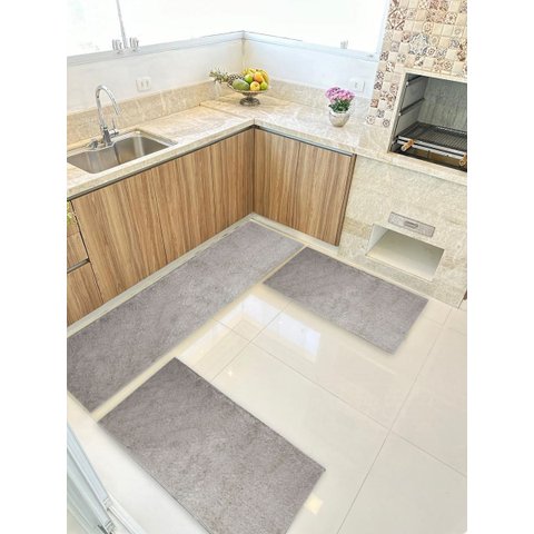 Kit Cozinha 3 Pçs Classic Tapete Passadeira Shaggy Antider. Perola