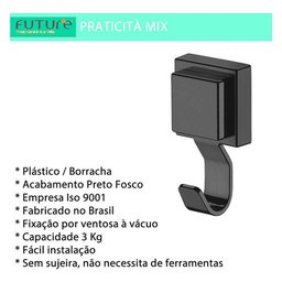 Cabide Gancho Multiuso Ventosa Banheiro Preto Fosco Future - 3