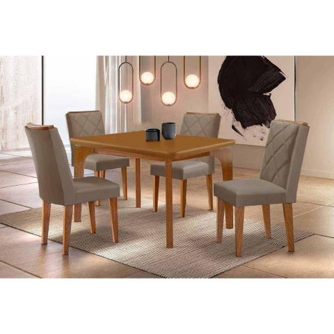 Conjunto: Mesa Sala Jantar Londrina Curvo 120cm + 4 Cadeiras Pietá Naturale - Linho Bege Rufato