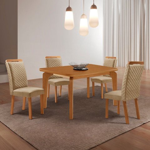 Mesa de Jantar Liz 120cm Tampo MDF Laminado Canto Copo com 4 Cadeiras Lorena