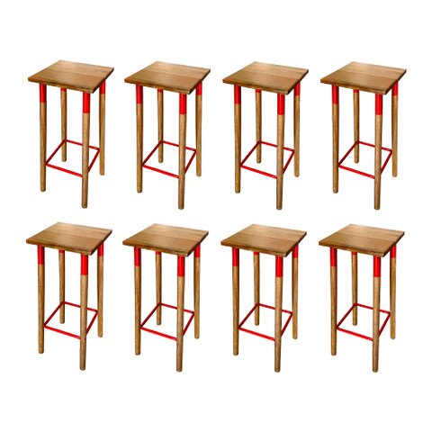 Kit 8 Banquetas Bistro Industrial Colors Ferro e Madeira Maciça - Vermelha
