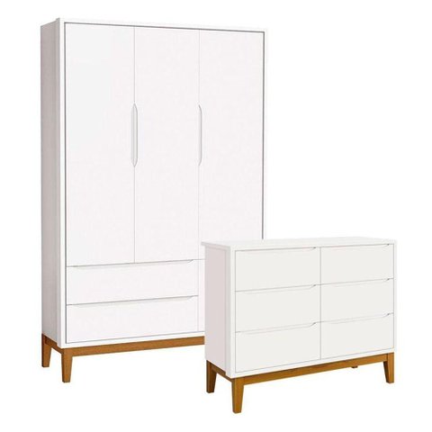 Cômoda 6 Portas e Guarda Roupa Infantil 3 Portas New Classic Branco Acetinado com Pés Madeira -