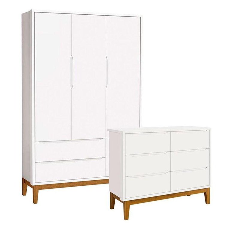 Cômoda 6 Portas e Guarda Roupa Infantil 3 Portas New Classic Branco Acetinado com Pés Madeira - Cômoda 6 Portas e Guarda Roupa Infantil 3 Portas New Classic Branco Acetinado com Pés Madeira -