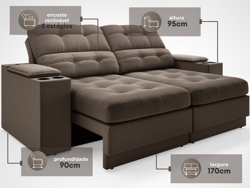 Sofá com Porta Copos e Carregador USB Eureka 1,70m Assento Retrátil e Reclinável Velosuede - 3