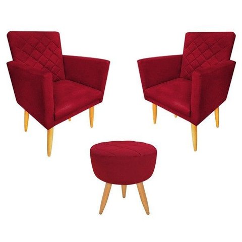 Kit 2 Poltronas Decorativa e Puff Maitê Suede Vermelho Penteadeira