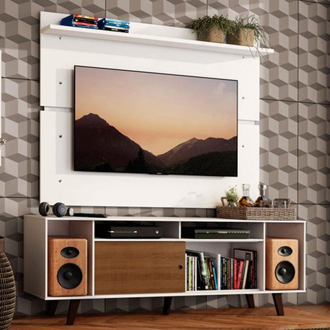 Rack Madesa Cancun com Pés e Painel para Tv até 65 Polegadas - Branco/rustic 9b9b