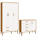 Ver imagem 2 de Comoda Sapateira e Guarda Roupa Isis Pés Retrô 3 Portas 2 Gavetas Branco Fosco/ Savana Fosco - Reller