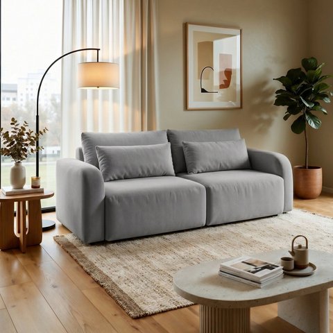 Sofá Cama Retrátil e Reclinável Veludo Prateada 236cm Montreal