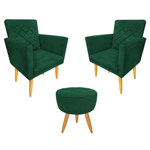 Kit 2 Poltronas e Puff Maitê Suede Verde para Recepção