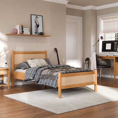 Cama Solteiro Adulto Rattan Madeira com Estrado Freijó Cefira Idimex