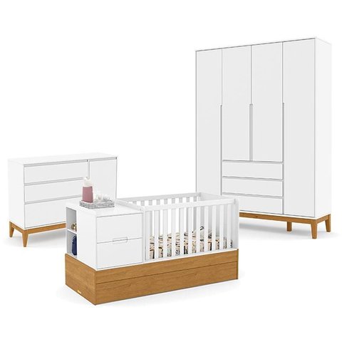 Quarto de Bebê 4 Portas Nature Clean com Berço Americano Multifuncional Formare Branco Freijó Eco Wo
