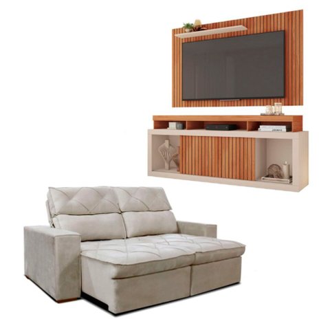 Kit Sofá Cheer Solar 3 Lugares Retrátil Reclinável com Rack Painel 65 New Oscar