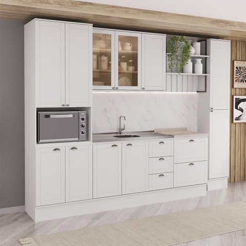 Cozinha Milla Vision 11 Portas 5 Gavetas MDF 310cm Branca Móveis Carraro
