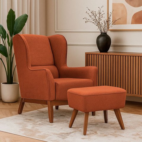 Poltrona Dekorien Milena Linho Ferrugem Rústico com Puff Premium Decoração