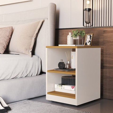 Mesa de Cabeceira Ravena com Rodízios e Design Compacto para Quarto Off/cedro