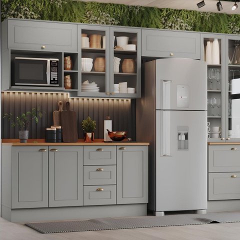 Cozinha Modulada 311,5cm 7 Peças 9 Portas 5 Gavetas Americana Henn - Cinza/nature