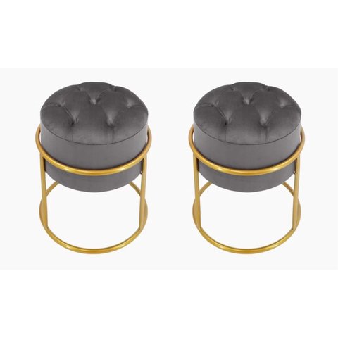 Kit 2 Puff Banqueta Estofado Decorativo Base de Ferro Capitonê Suede Grafite Eli Móveis e Decoração