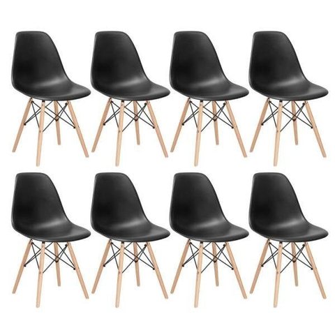 Kit 8 Cadeiras Charles Eames Eiffel Dsw - Base de Madeira Clara - Preto
