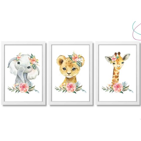 Quadros Decorativos Quarto de Menina Animais Aquarela:branca