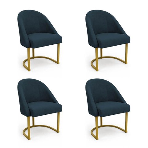 Kit 04 Cadeiras Poltrona de Jantar Lua Veludo Azul Marinho Base Ferro Dourado Dal Poz Estofados