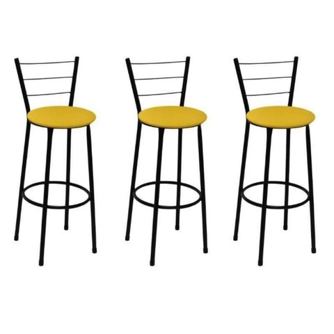 Kit 3 Banquetas Alta Preta com Encosto Assento Amarelo Jaddi