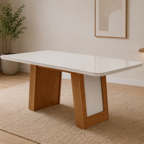 Mesa de Jantar Carolina 180cm com Tampo MDF Vidro Canto Copo Moderna Mobília