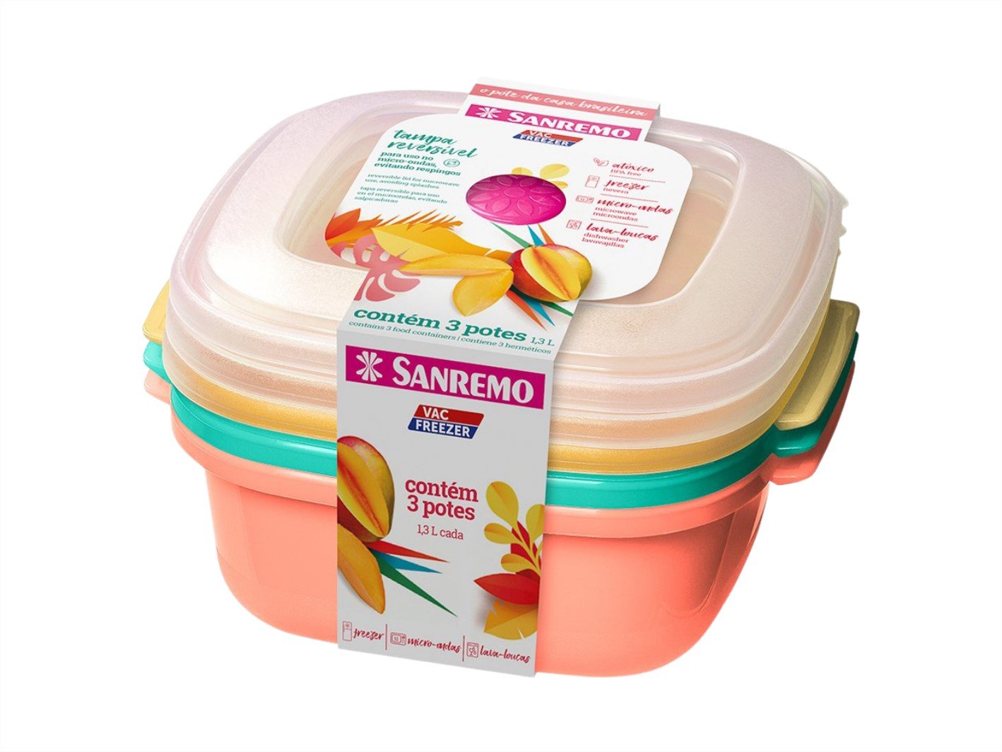Kit 3 Potes Plásticos Herméticos BPA Free Sanremo Vac Freezer 1,3 Litros Quadrado - 1
