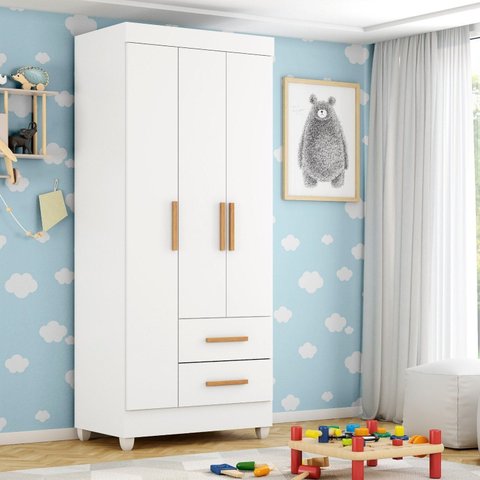 Guarda-Roupa para Quarto Infantil 3 Portas e 2 Gavetas com Pés Lite Branco