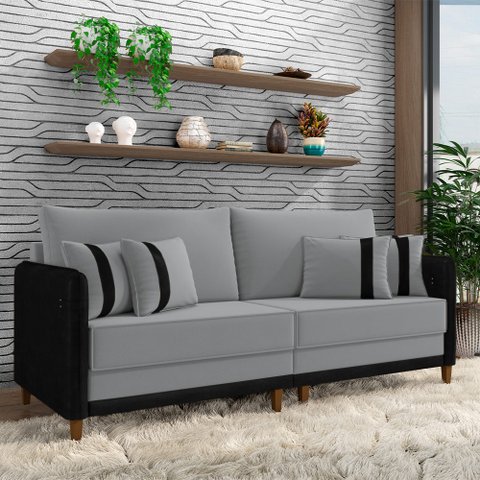 Sofá Montecarlo 2 Lugares 172cm Veludo/pu Cinza/preto