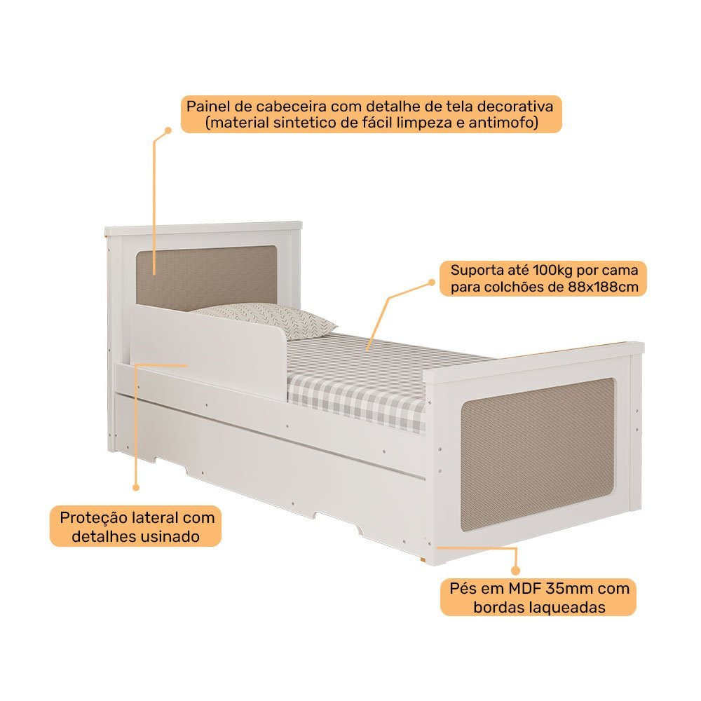 Bicama Solteiro Bela Branco com proteção lateral e cama auxiliar - 100% MDF - Cimol - 5
