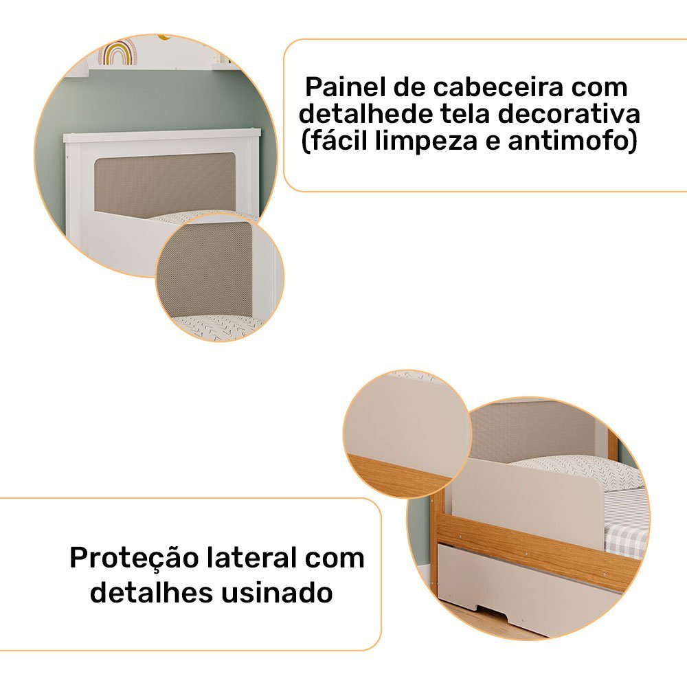 Bicama Solteiro Bela Branco com proteção lateral e cama auxiliar - 100% MDF - Cimol - 3