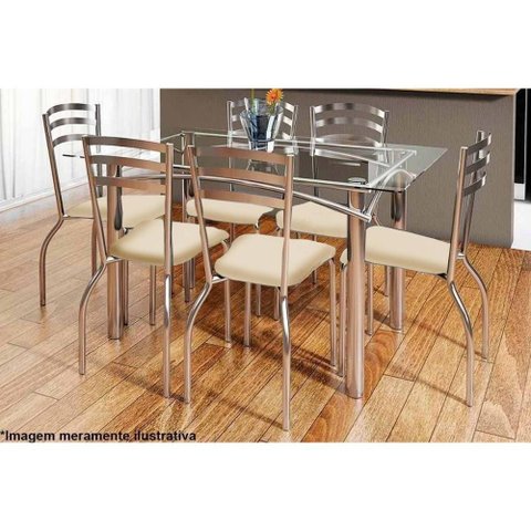 Conjunto: Mesa Sala Jantar Elba C/ Tampo Vidro 150cm + 6 Cadeiras Portugal Cromado/courano Nude