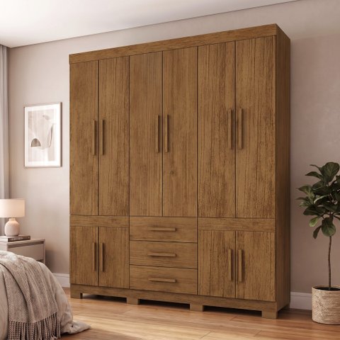 Guarda-Roupa Casal 10 Portas, 3 Gavetas e Pés MDF Safira Plus Marrom/Cinamomo