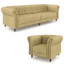 Ver imagem 2 de Conjunto Sala de Estar 1 Sofá Living 260cm e 1 Poltrona Stanford Chesterfield Pés Madeira Couro Bege