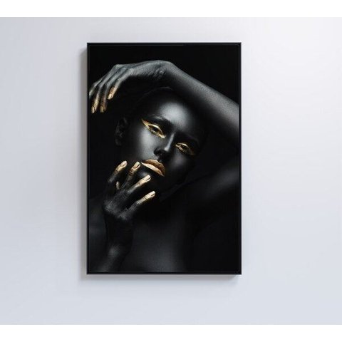 Quadro Mulher Negra Dourado - 60x90 - Vidro Impresso