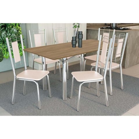 Conjunto: Mesa Sala Jantar Elba C/ Tampo de Madeira 160cm e 6 Cadeiras Florença Cromada/nogueira -