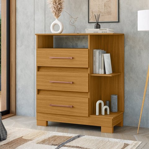 Cômoda para Quarto 3 Gavetas 72cm com Nicho e Pés Saint Marrom/Carvalho Americano